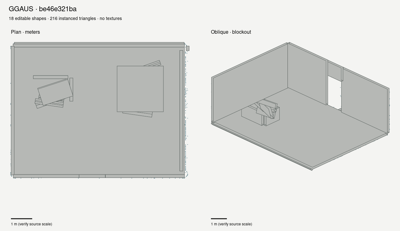 Plan and oblique previews of a simple fitted room blockout with a doorway, platform and obstacle.