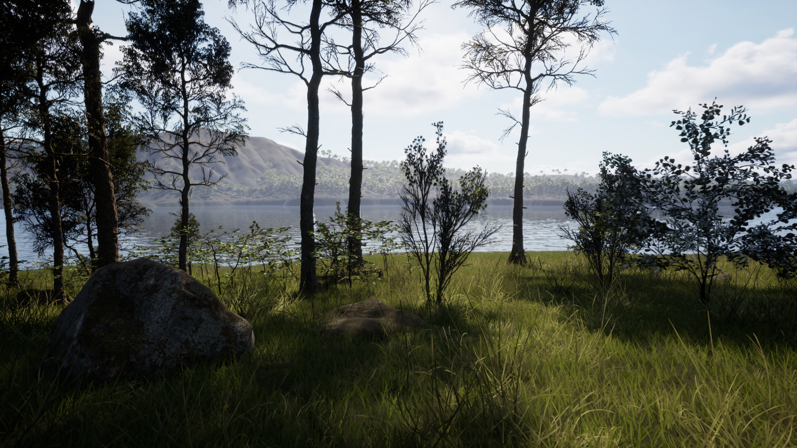 In-engine view through woodland toward a lake and distant hills in Precision.