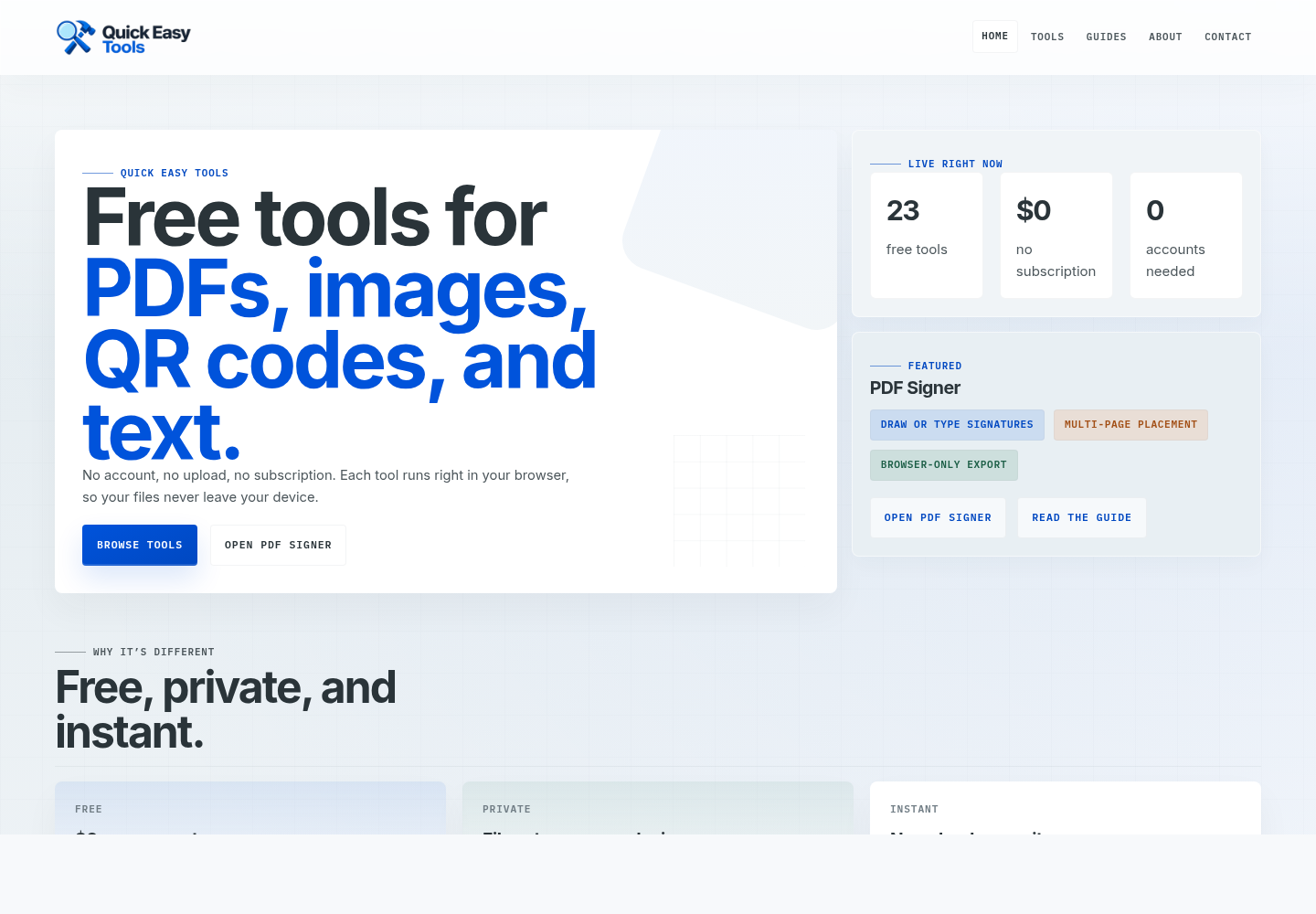 QuickEasyTools homepage with PDF, image, QR and text utilities.